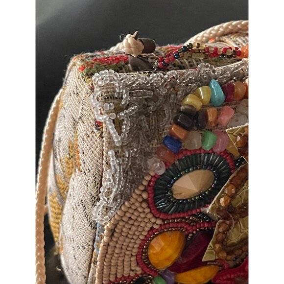 Tapestry Handbag Elegantly Beaded in Multicolors With Applied Vinyl Flower - Picture 3 of 10